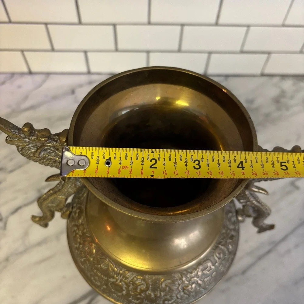 Vintage Brass Dragon Handles Floral Embossed Heavy Urn Style Vase Made in Korea